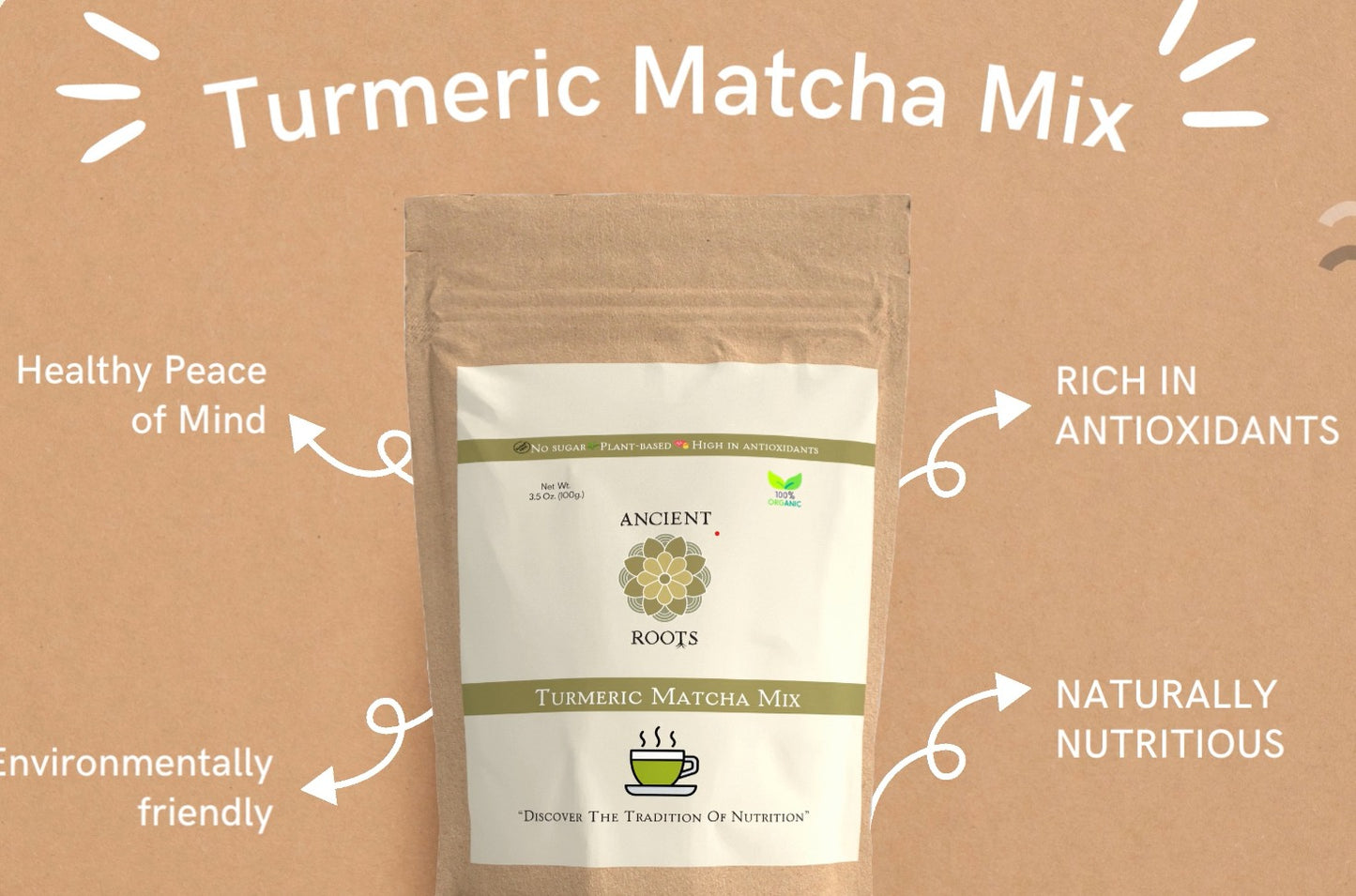 Ancient Roots Turmeric Matcha Mix - With Cinnamon, Ginger, and Black Pepper (1.75 Ounces, 30 Servings)