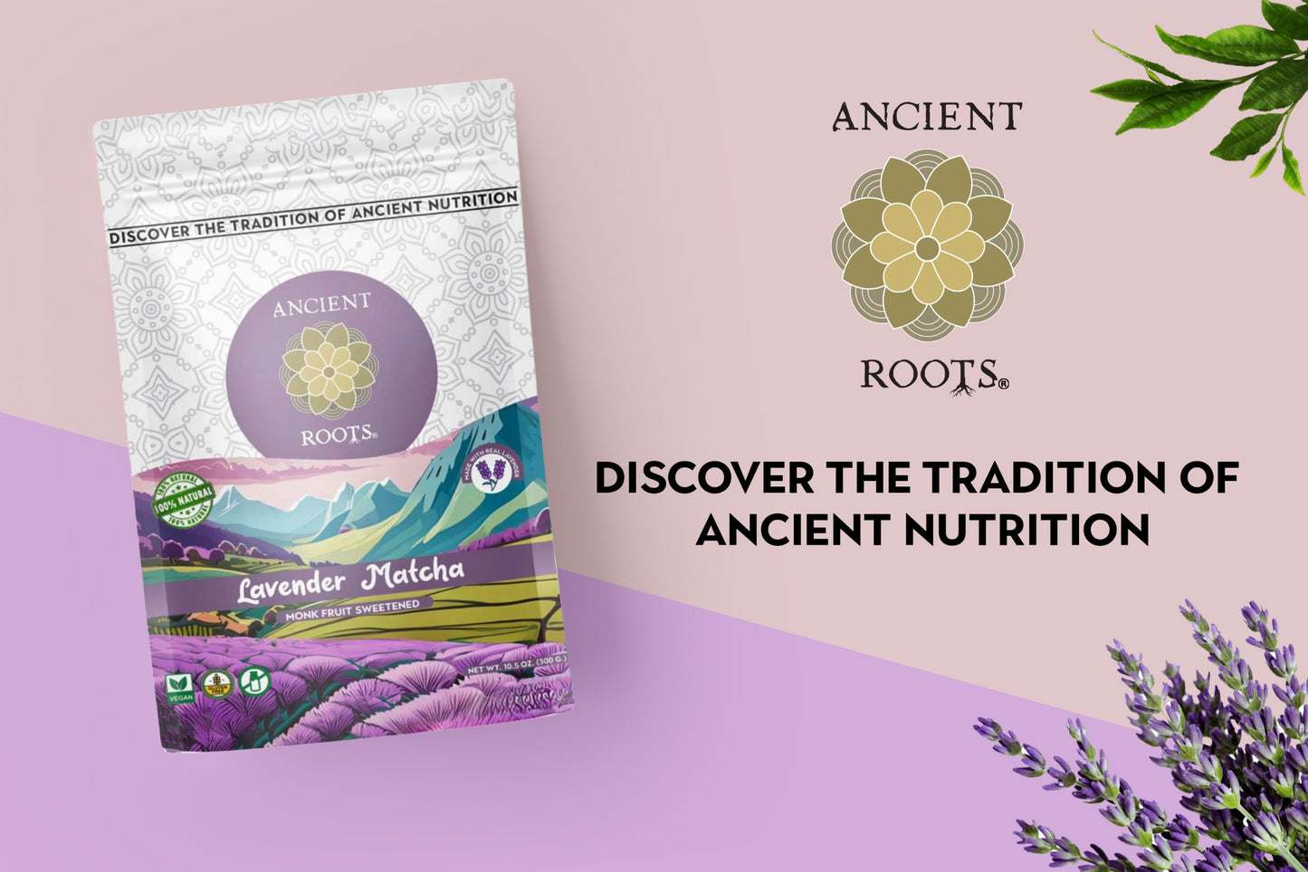 Ancient Roots Lavender Matcha Green Tea Latte Mix - Monk Fruit Sweetened